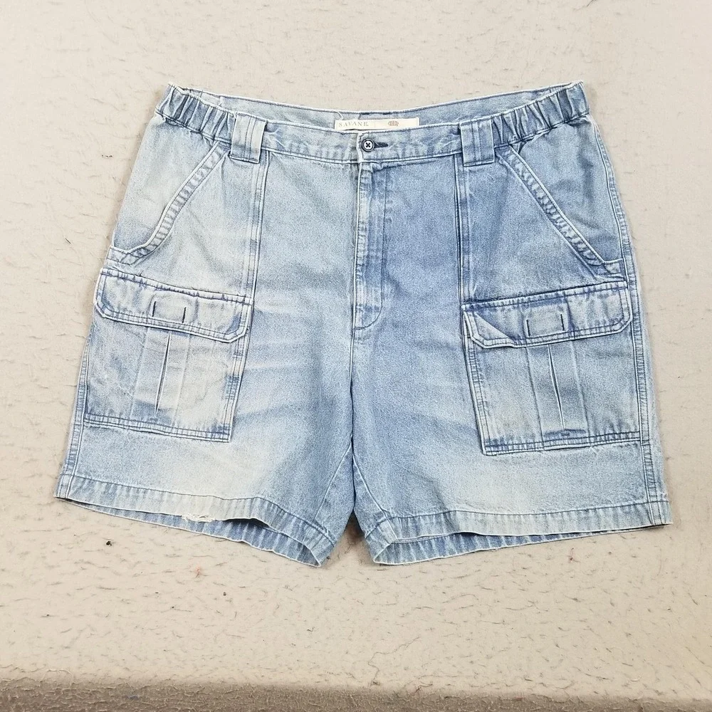 Savane Shorts Mens 40 Blue Denim Cargo 100% Cotton Elastic Waist 7 Inseam Casual
